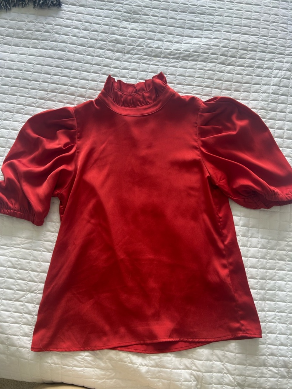 THML Red Puff Sleeve Mock Neck Satin Top